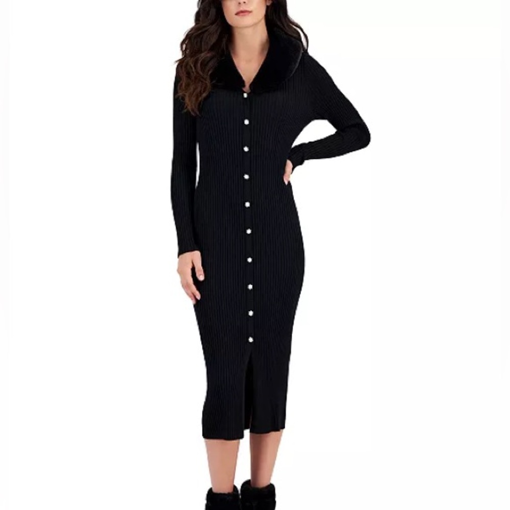 Taylor women's ribbed sweater dress ribbed stretch button front bodycon S
